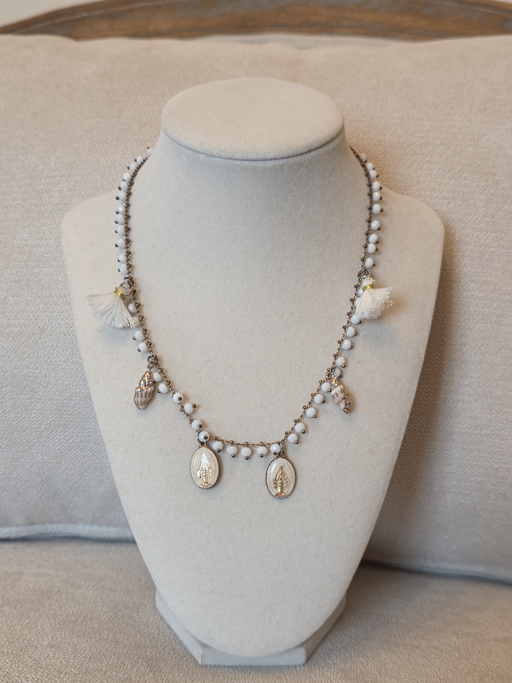 Gold Tone Virgin Mary Medallion Necklace Beaded Tassel Shell Charm Coastal Boho